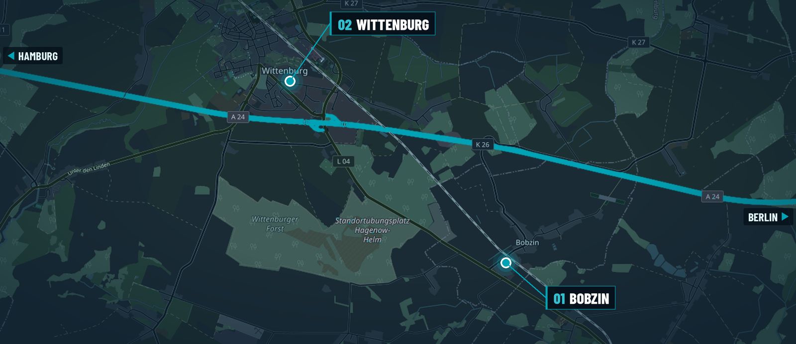 Site map: site 01 Bobzin and site 02 Wittenburg on the A24 between Hamburg and Berlin